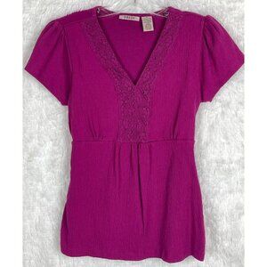 Fresh Medium Short Sleeve Purple V-Neck Tie Back Top Fuschia